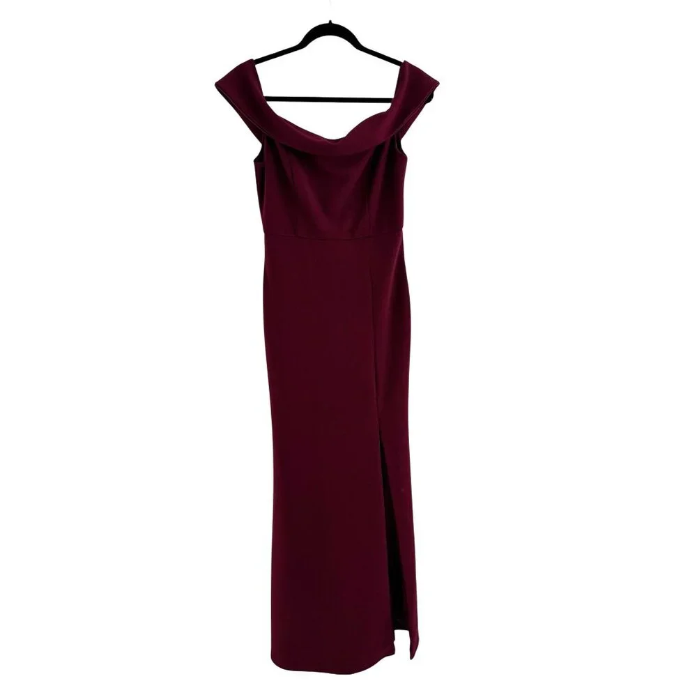 Lulus Aveline Burgundy Off-the-Shoulder Long Gown High‎ Slit Maxi Dress Size M